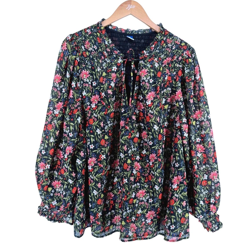 Old Navy Smocked Dark Floral Print Long Sleeve‎ Peasant Blouse Size 2X